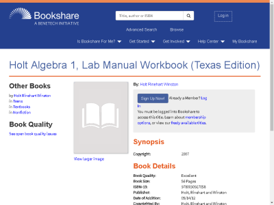 Thumbnail for Holt Algebra 1, Lab Manual Workbook (Texas Edition) resource