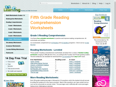Thumbnail for Fifth Grade Reading Comprehension Worksheets resource