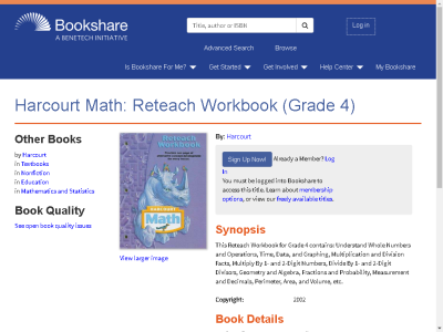 Thumbnail for Harcourt Math: Reteach Workbook (Grade 4) resource