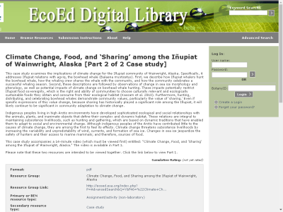 Thumbnail for Climate Change, Food, and Â?SharingÂ? among the IÃ±upiat of Wainwright, Alaska [Part 2 of 2] resource
