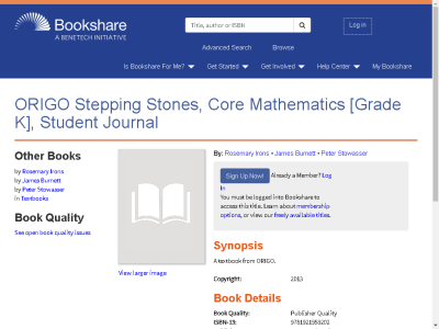 Thumbnail for ORIGO Stepping Stones, Core Mathematics [Grade K], Student Journal resource