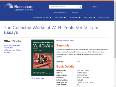 Thumbnail for The Collected Works of W. B. Yeats Vol. V: Later Essays resource