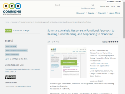 Thumbnail for Summary, Analysis, Response: A Functional Approach to Reading, Understanding, and Responding to Nonfiction resource