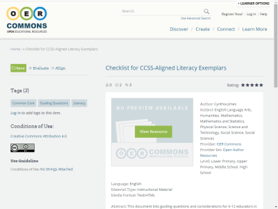Thumbnail for Checklist for CCSS-Aligned Literacy Exemplars resource