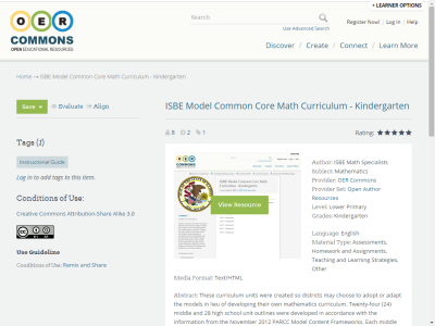 Thumbnail for ISBE Model Common Core Math Curriculum - Kindergarten resource
