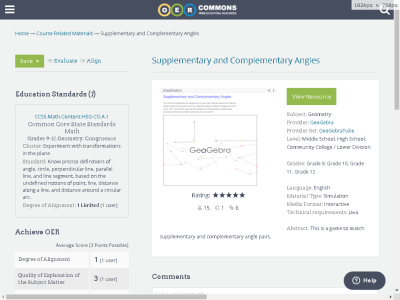 Thumbnail for Supplementary and Complementary Angles resource