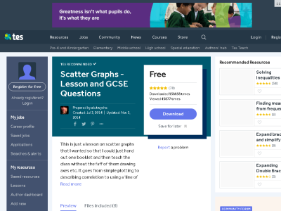 Thumbnail for Scatter Graphs - Lesson and GCSE Questions resource