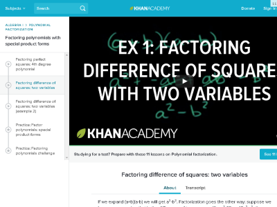 Thumbnail for How to factor a difference of squares with two variables (example) resource