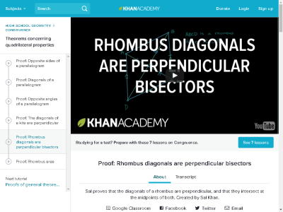 Thumbnail for Proof: Rhombus diagonals are perpendicular bisectors of each other resource