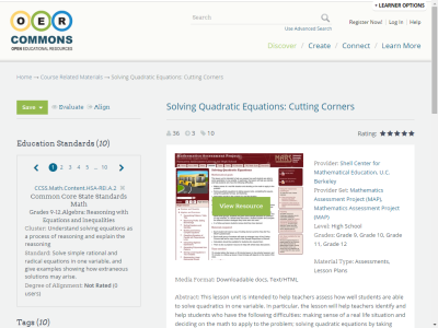 Thumbnail for Solving Quadratic Equations: Cutting Corners resource