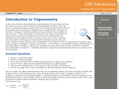Thumbnail for GSE Precalculus : Introduction to Trigonometry resource