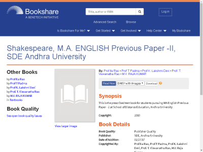 Thumbnail for Shakespeare, M.A. ENGLISH Previous Paper -II,  SDE Andhra University resource