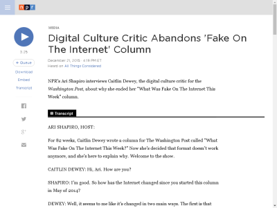 Thumbnail for Digital Culture Critic Abandons 'Fake On The Internet' Column resource