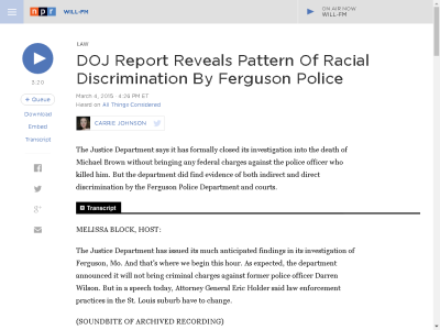 Thumbnail for DOJ Report Reveals Pattern Of Racial Discrimination By Ferguson Police resource