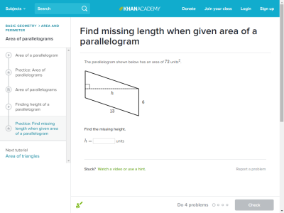Thumbnail for Find missing length when given area of a parallelogram resource
