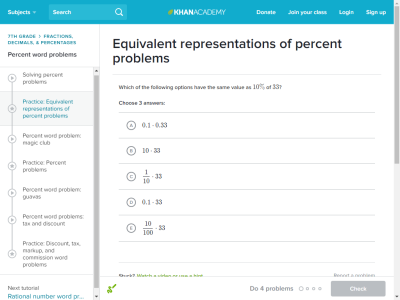 Thumbnail for Equivalent representations of percent problems resource
